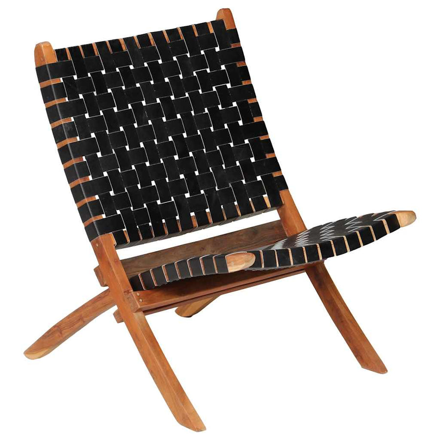 Folding Chair Crossed-Stripe Black Real Leather