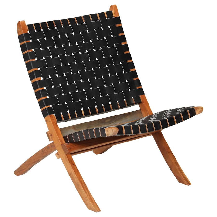 Folding Chair Crossed-Stripe Black Real Leather