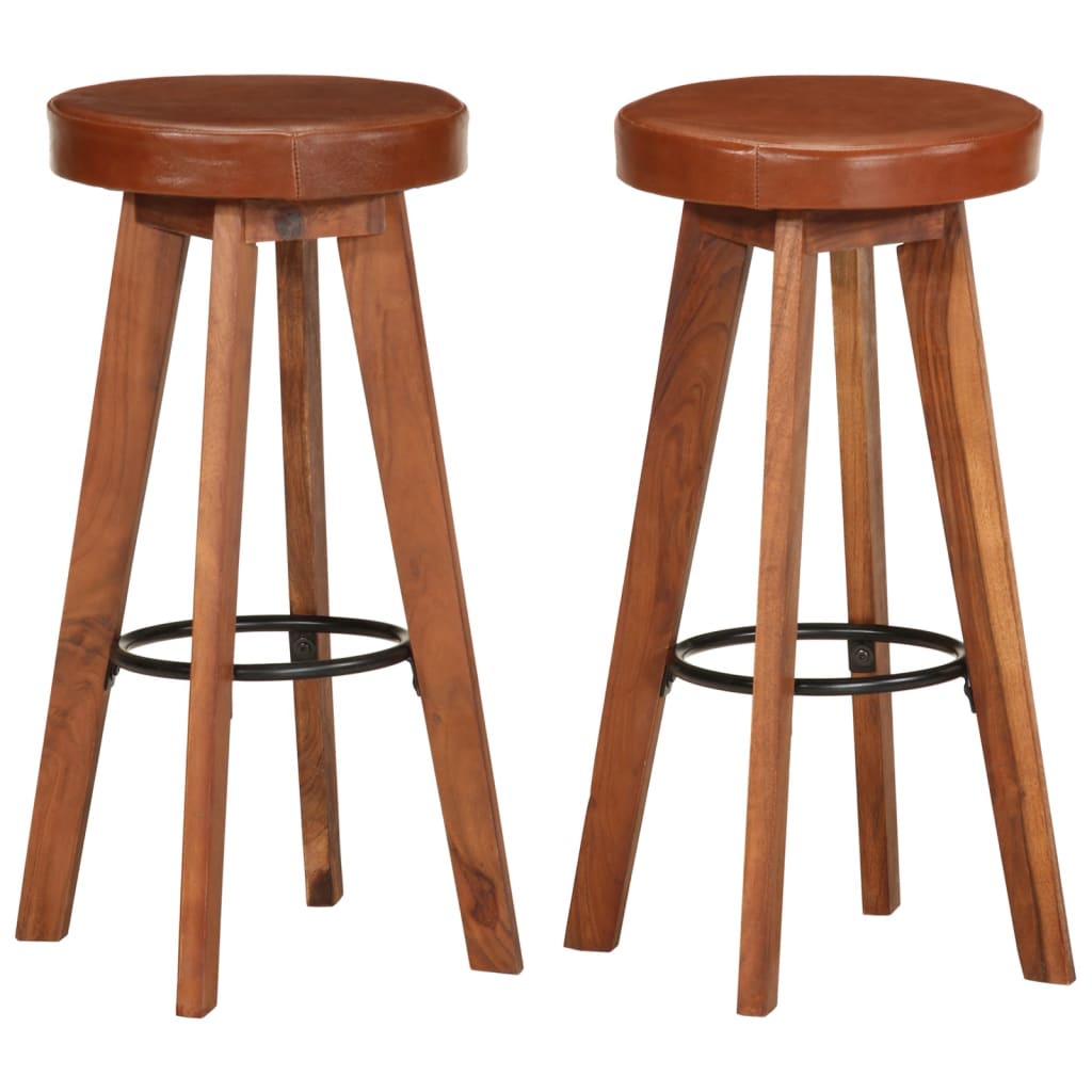 Bar Chairs 2 pcs Real Leather and Solid Acacia Wood