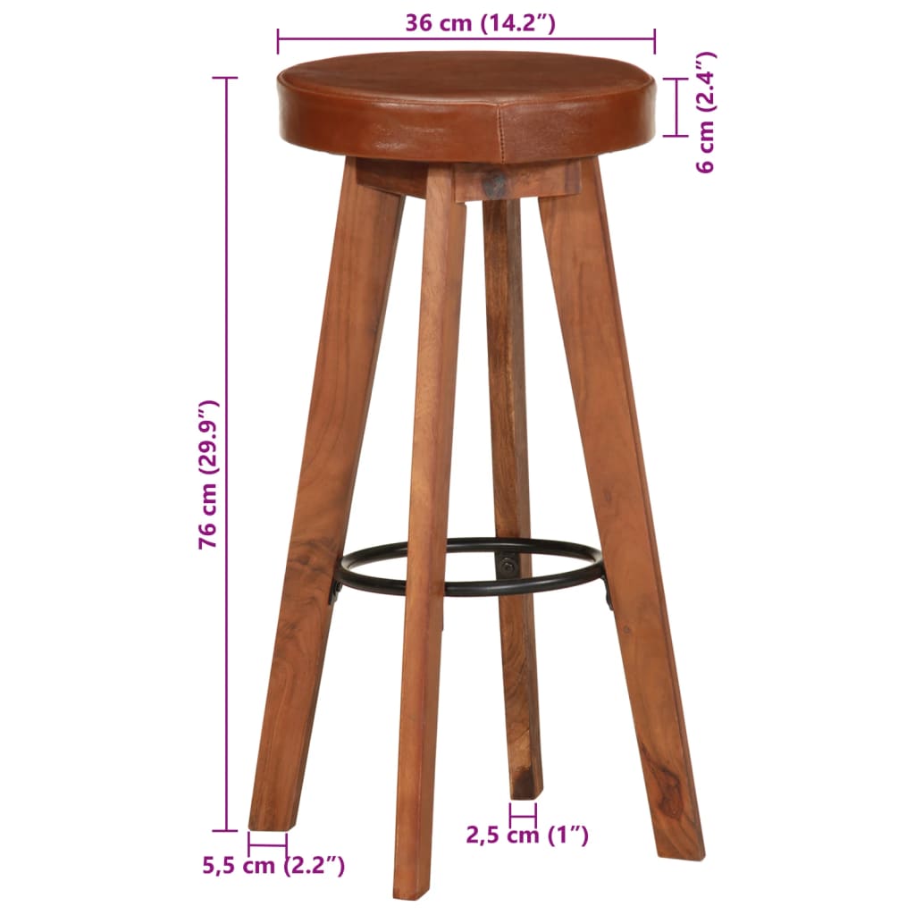 Bar Chairs 2 pcs Real Leather and Solid Acacia Wood