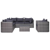 7 Piece Garden Sofa Set with Cushions & Pillows Poly Rattan Grey - Front View