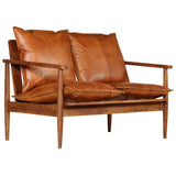 2-Seater Sofa Real Leather with Acacia Wood Brown - Front View