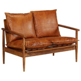 2-Seater Sofa Real Leather with Acacia Wood Brown - Extra Image