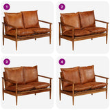 2-Seater Sofa Real Leather with Acacia Wood Brown