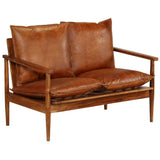 2-Seater Sofa Real Leather with Acacia Wood Brown - Extra Image