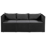 3 Seater Garden Sofa Black Poly Rattan with Grey Cushions - Front View