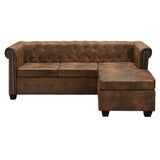 L-shaped Chesterfield Sofa Artificial Suede Leather Brown - Front View