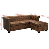 L-shaped Chesterfield Sofa Artificial Suede Leather Brown - Close-Up Angle