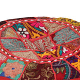 Patchwork Pouffe Round Cotton Handmade 40x20 Cm Red - Front View