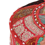 Patchwork Pouffe Round Cotton Handmade 40x20 Cm Red - Side View