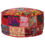 Patchwork Pouffe Round Cotton Handmade 40x20 Cm Red - Top-Down View