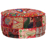 Patchwork Pouffe Round Cotton Handmade 40x20 Cm Red - Close-Up Angle