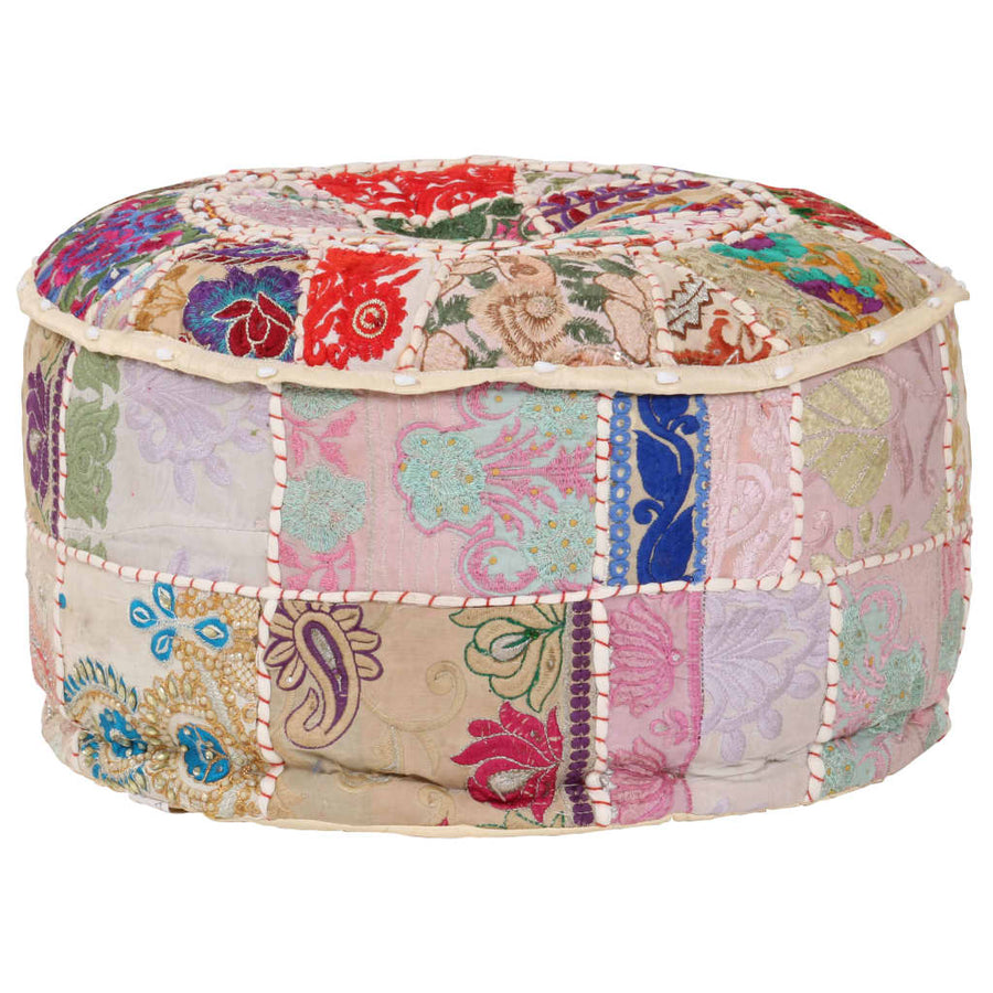 Patchwork Pouffe Round Cotton Handmade 40x20 cm Beige