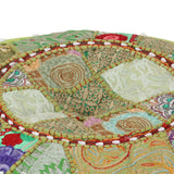 Patchwork Pouffe Round Cotton Handmade 40x20 Cm Green - Front View