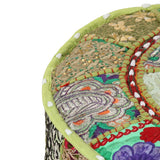 Patchwork Pouffe Round Cotton Handmade 40x20 Cm Green - Side View
