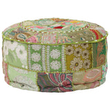 Patchwork Pouffe Round Cotton Handmade 40x20 Cm Green - Close-Up Angle