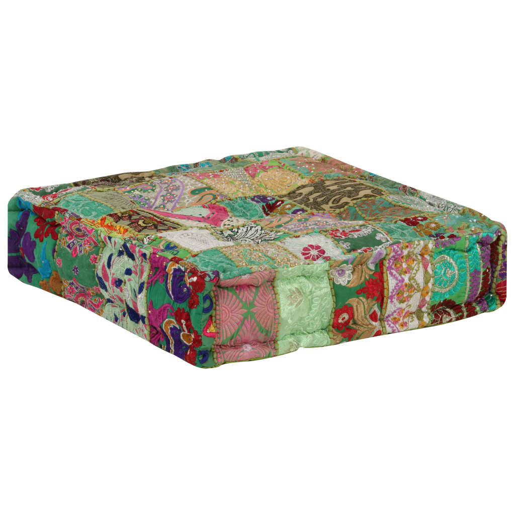 Patchwork Pouffe Square Cotton Handmade 50x50x12 Cm Green