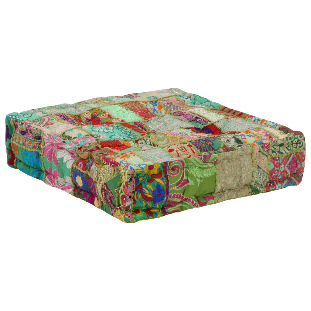 Patchwork Pouffe Square Cotton Handmade 50x50x12 Cm Green