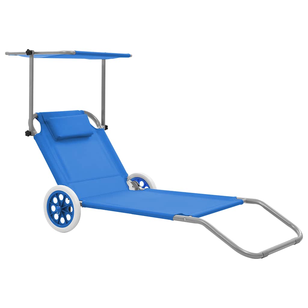 Folding Sun Lounger with Canopy and Wheels Steel Blue