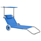 Folding Sun Lounger with Canopy and Wheels Steel Blue