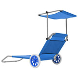 Folding Sun Lounger with Canopy and Wheels Steel Blue - Top-Down View
