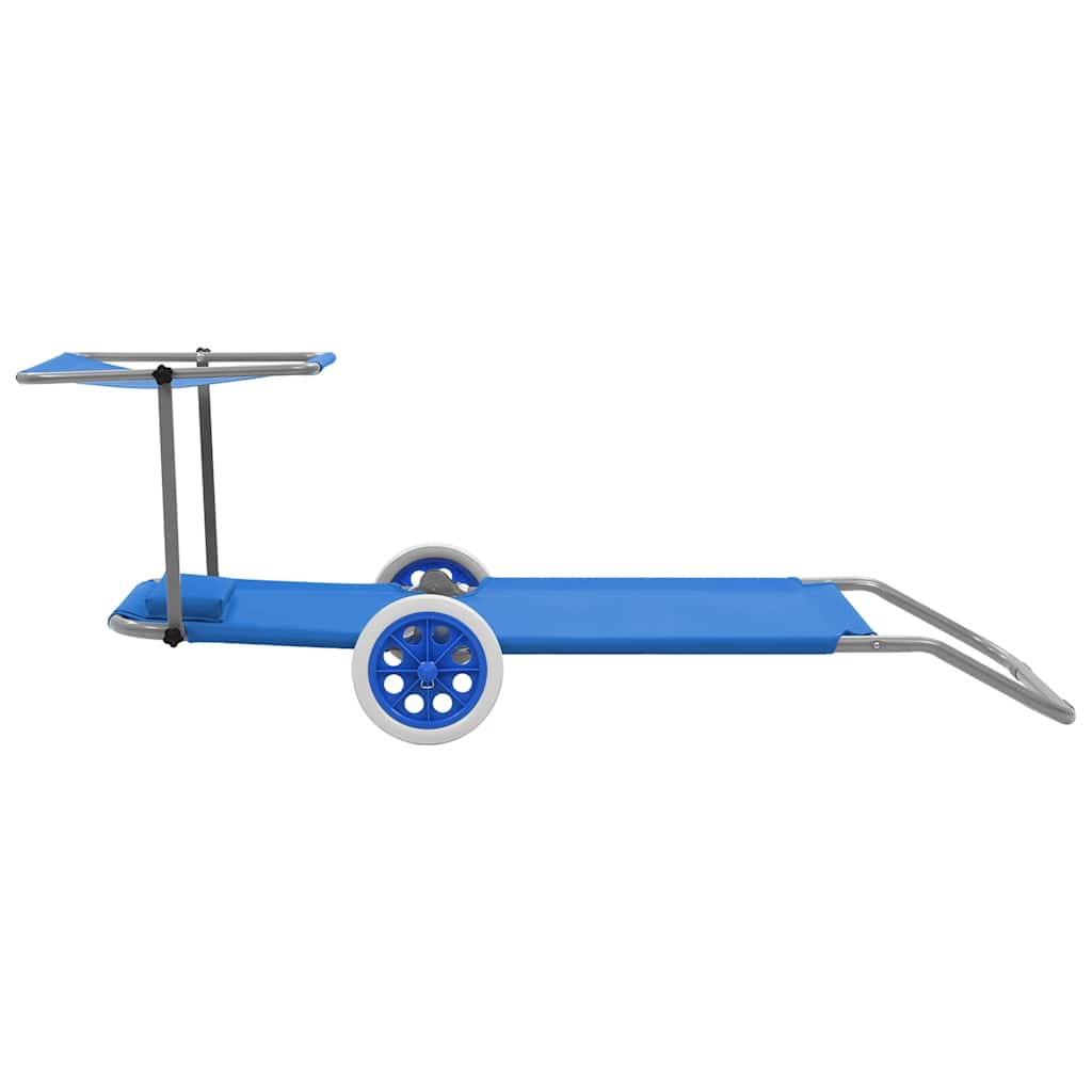 Folding Sun Lounger with Canopy and Wheels Steel Blue