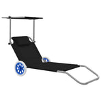 Folding Sun Lounger with Canopy and Wheels Steel Black
