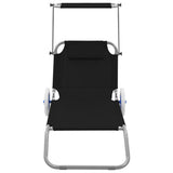 Folding Sun Lounger with Canopy and Wheels Steel Black - Front View