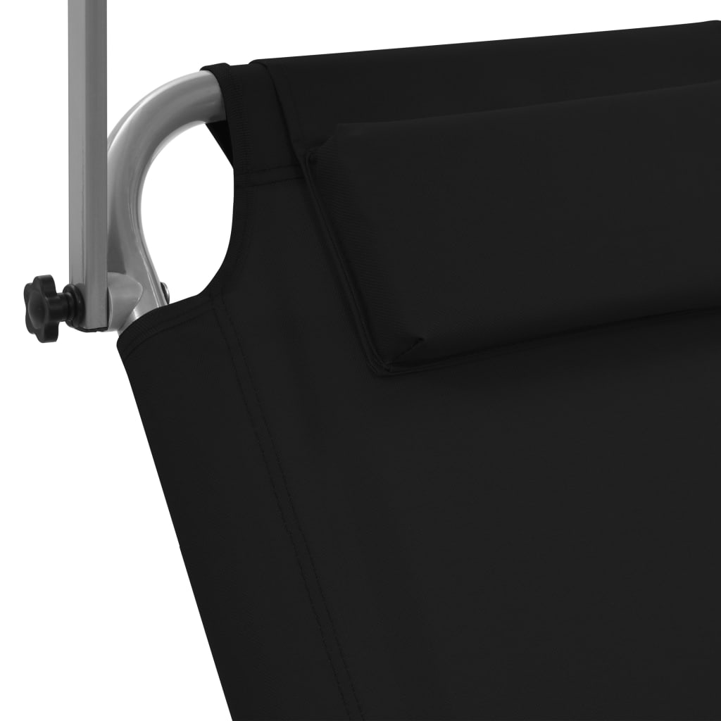 Folding Sun Lounger with Canopy and Wheels Steel Black
