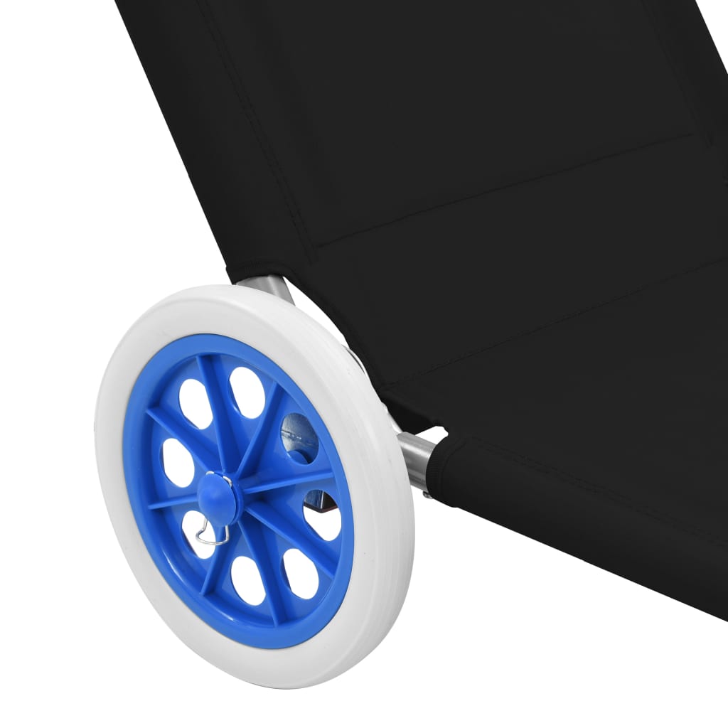 Folding Sun Lounger with Canopy and Wheels Steel Black