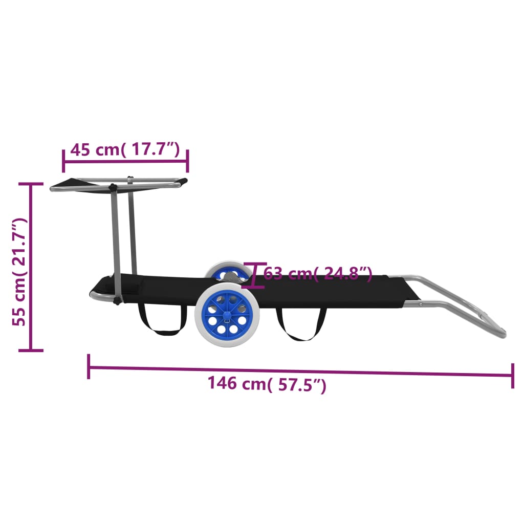 Folding Sun Lounger with Canopy and Wheels Steel Black