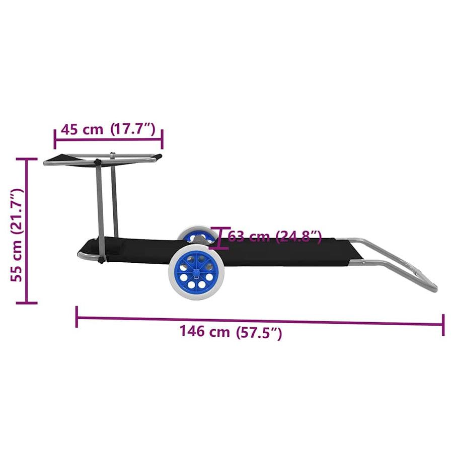 Folding Sun Lounger with Canopy and Wheels Steel Black