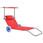 Folding Sun Lounger with Canopy and Wheels Steel Red