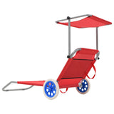 Folding Sun Lounger with Canopy and Wheels Steel Red - Side View