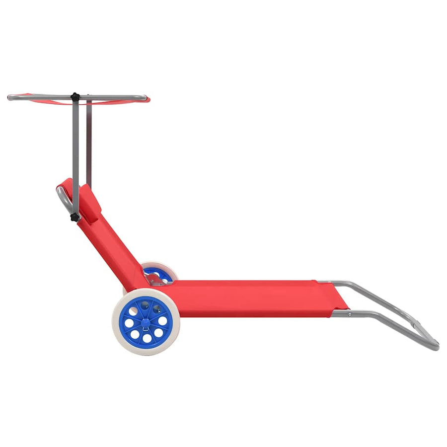 Folding Sun Lounger with Canopy and Wheels Steel Red