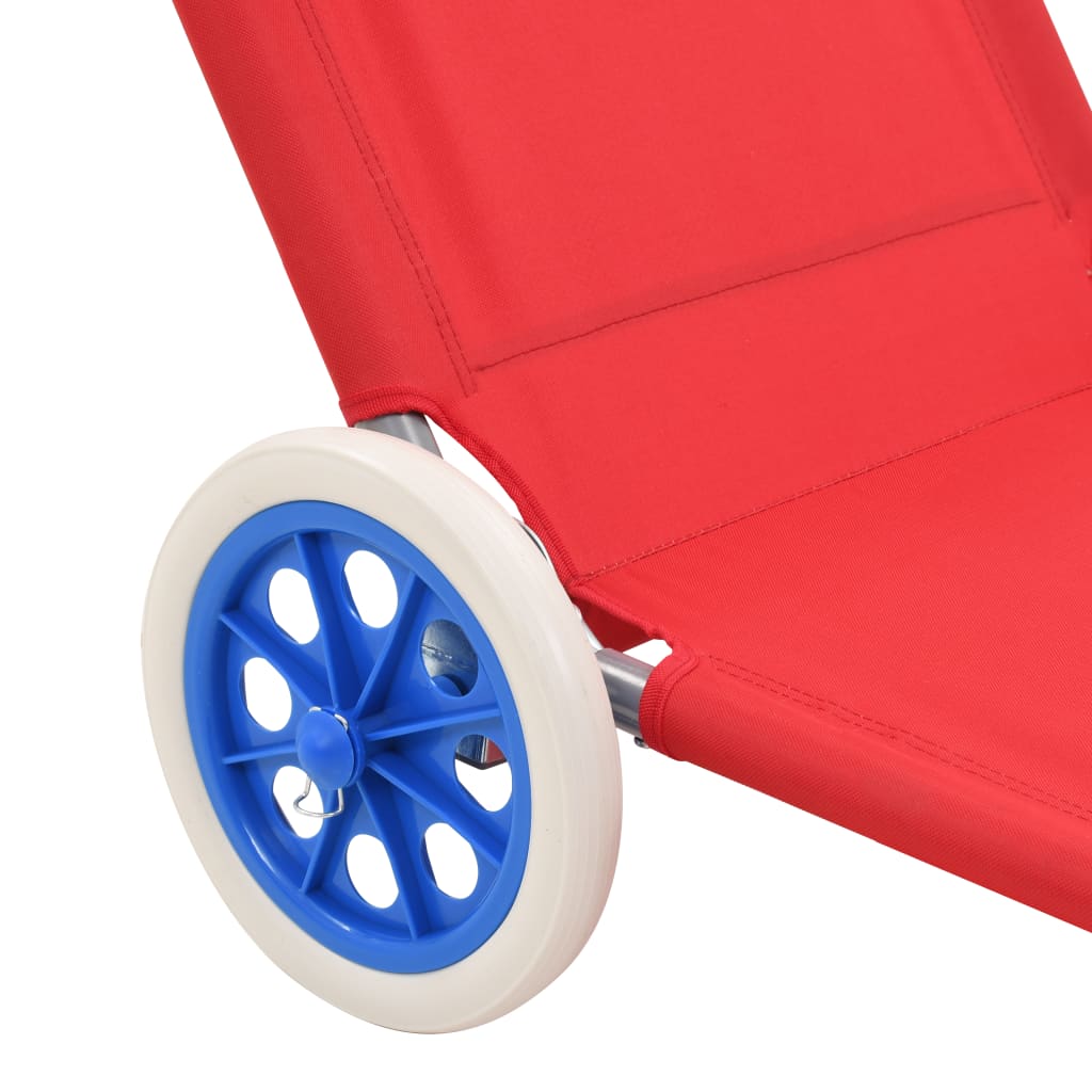 Folding Sun Lounger with Canopy and Wheels Steel Red