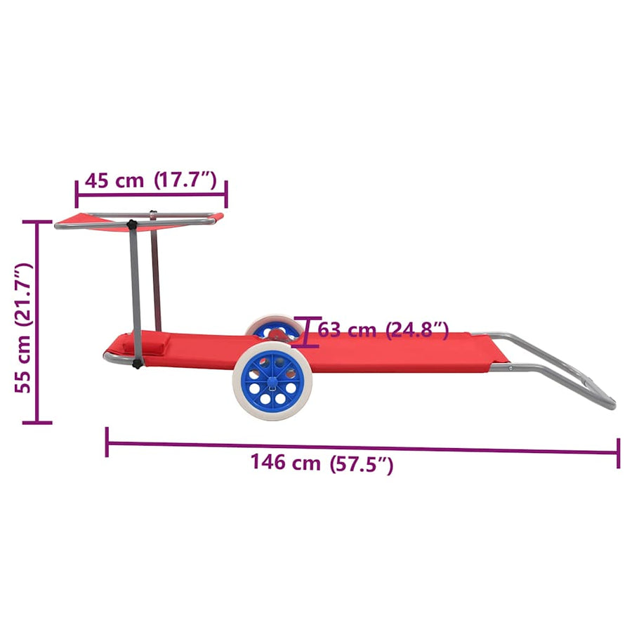 Folding Sun Lounger with Canopy and Wheels Steel Red