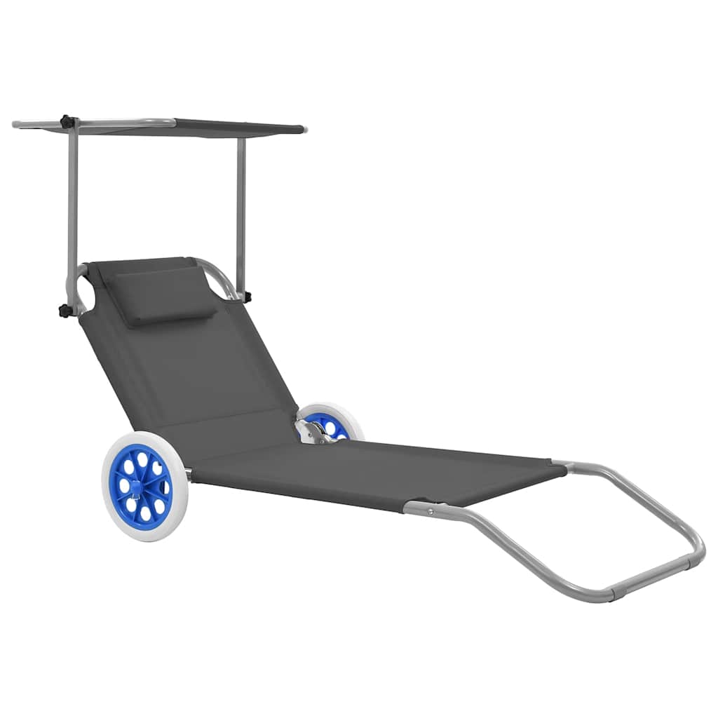 Folding Sun Lounger with Canopy and Wheels Steel Grey