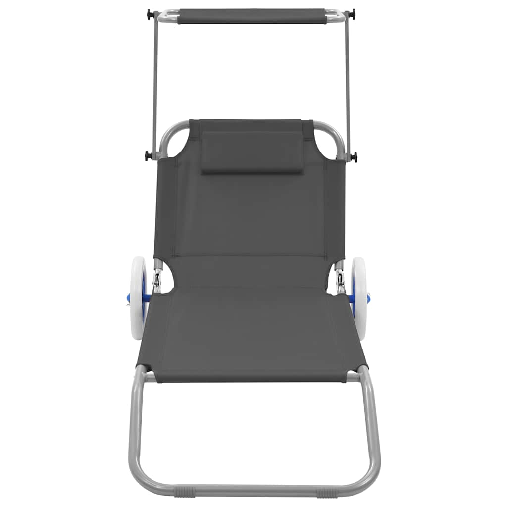 Folding Sun Lounger with Canopy and Wheels Steel Grey