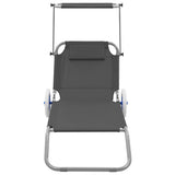 Folding Sun Lounger with Canopy and Wheels Steel Grey - Front View