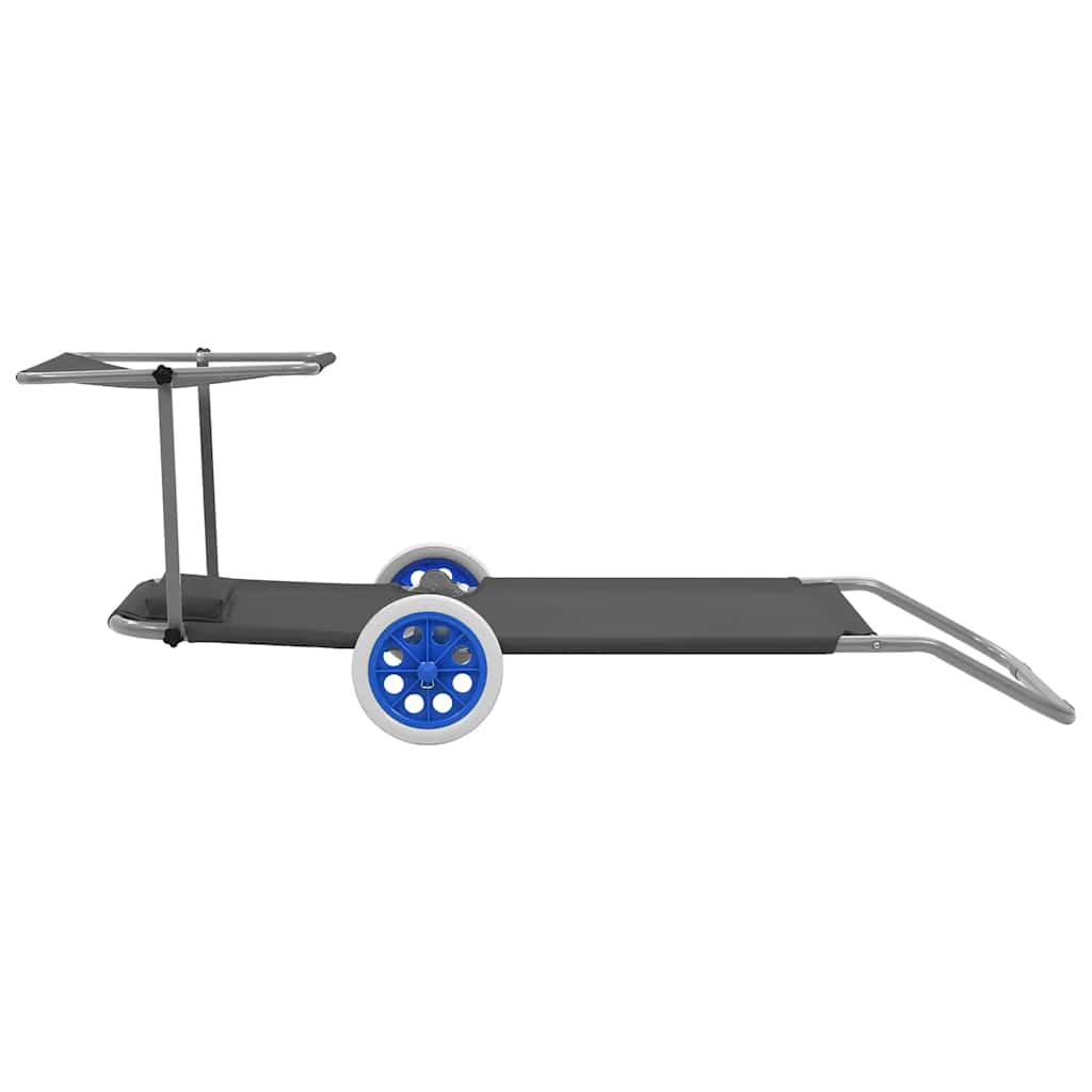 Folding Sun Lounger with Canopy and Wheels Steel Grey