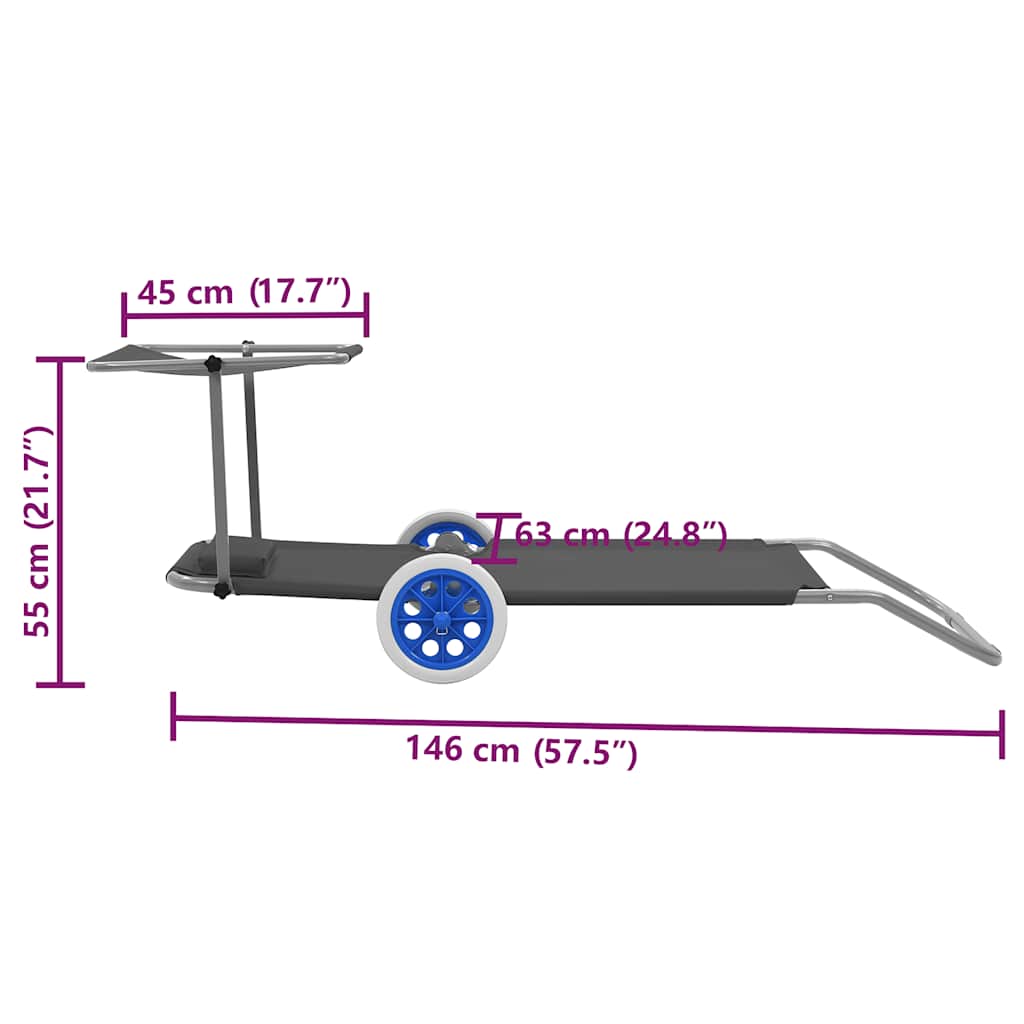 Folding Sun Lounger with Canopy and Wheels Steel Grey