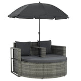 2 Seater Garden Sofa with Cushions and Parasol Grey Poly Rattan - Front View