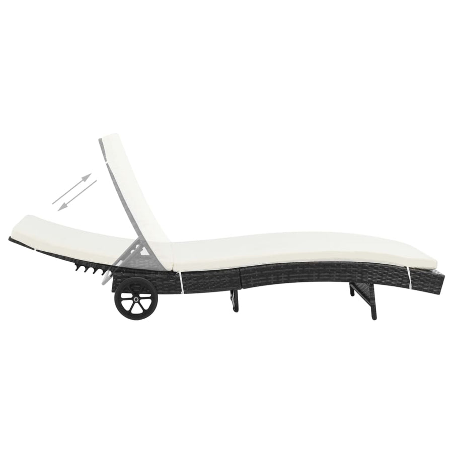 Sun Lounger with Wheels and Cushion Poly Rattan Black
