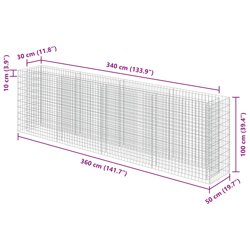 Gabion Raised Bed Galvanised Steel 360x50x100 cm