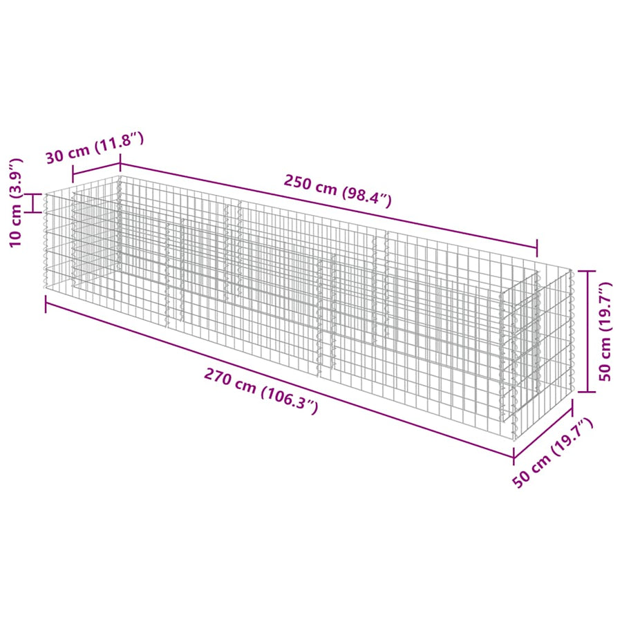 Gabion Raised Bed Galvanised Steel 270x50x50 cm