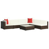 7 Piece Garden Lounge Set with Cushions Poly Rattan Brown - Front View