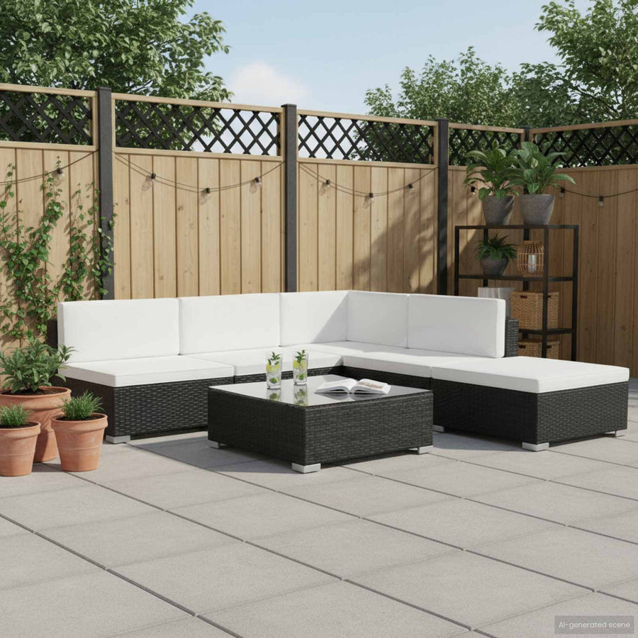 6 Piece Garden Lounge Set with Cushions Poly Rattan Black