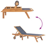 Folding Sun Lounger with Wheels Solid Teak and Textilene - 45-Degree Angle