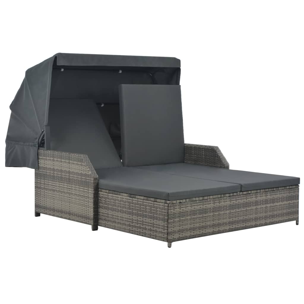 2-Person Sun Lounger with Canopy Poly Rattan Grey